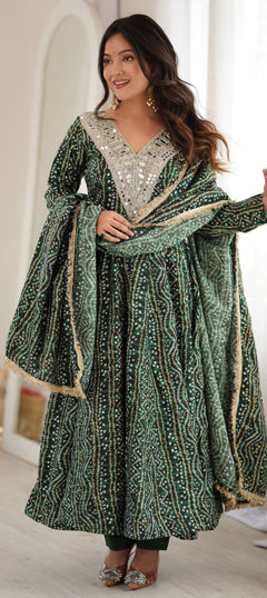 Green color Salwar Kameez in Rayon fabric with Bandhej, Border, Mirror, Printed work