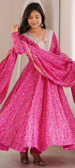 Pink and Majenta color Salwar Kameez in Rayon fabric with Bandhej, Border, Mirror, Printed work