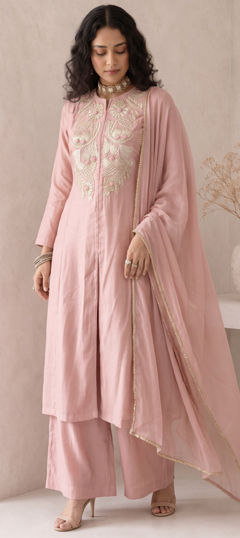 Pink and Majenta color Salwar Kameez in Roman Silk fabric with Embroidered work