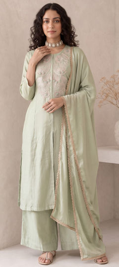 Green color Salwar Kameez in Roman Silk fabric with Embroidered work