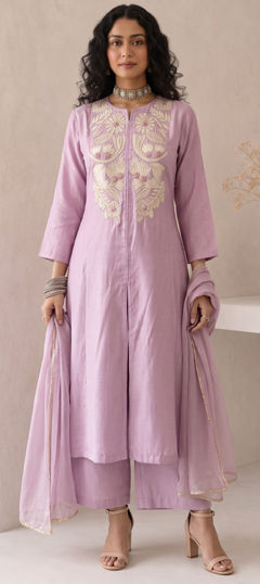 Purple and Violet color Salwar Kameez in Roman Silk fabric with Embroidered work