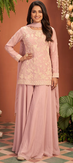 Pink and Majenta color Salwar Kameez in Chinon Silk fabric with Bugle Beads, Thread work