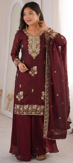 Red and Maroon color Salwar Kameez in Tissue fabric with Embroidered, Sequence work