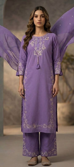 Purple and Violet color Salwar Kameez in Cotton fabric with Embroidered work