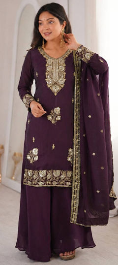 Purple and Violet color Salwar Kameez in Tissue fabric with Embroidered, Sequence work