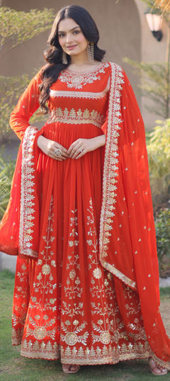 Orange color Gown in Faux Georgette fabric with Embroidered, Sequence, Zari work
