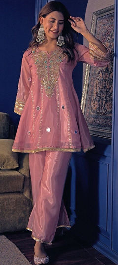 Pink and Majenta color Salwar Kameez in Silk fabric with Embroidered, Mirror work