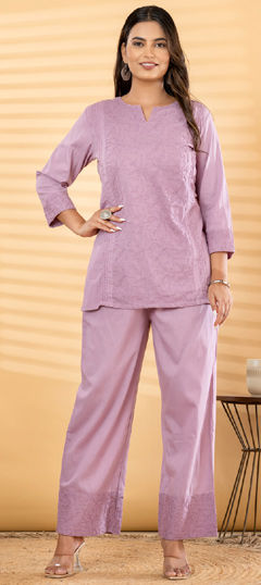Purple and Violet color Co-ords Set in Cotton fabric with Embroidered, Thread work