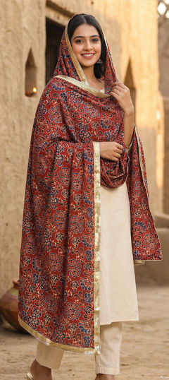 Red and Maroon color Dupatta in Cotton fabric with Digital Print work