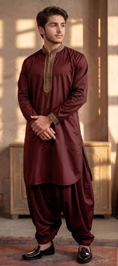 Red and Maroon color Boys Kurta Pyjama in Blended Cotton fabric with Embroidered work