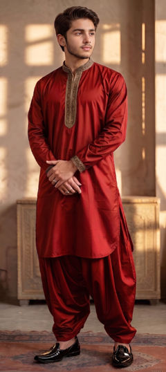 Red and Maroon color Boys Kurta Pyjama in Blended Cotton fabric with Embroidered work