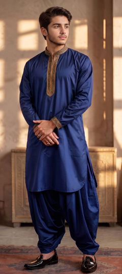 Blue color Boys Kurta Pyjama in Blended Cotton fabric with Embroidered work