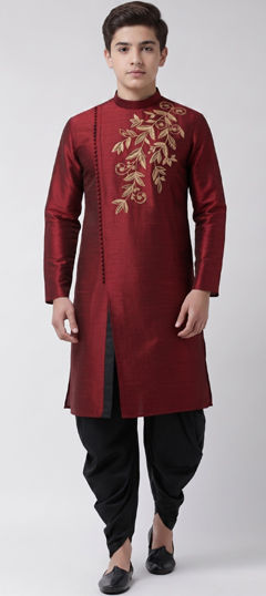 Red and Maroon color Boys Dhoti Kurta in Dupion Silk fabric with Embroidered work
