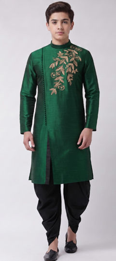 Green color Boys Dhoti Kurta in Dupion Silk fabric with Embroidered work
