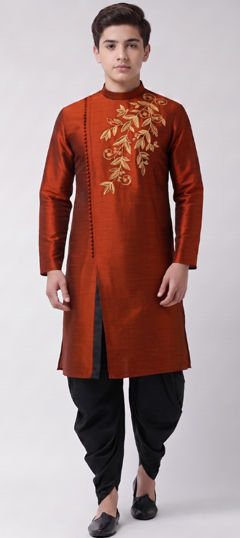 Red and Maroon color Boys Dhoti Kurta in Dupion Silk fabric with Embroidered work
