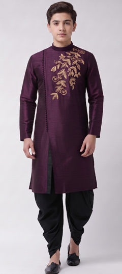 Purple and Violet color Boys Dhoti Kurta in Dupion Silk fabric with Embroidered work