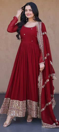 Red and Maroon color Gown in Faux Georgette fabric with Bugle Beads, Embroidered, Sequence, Zari work