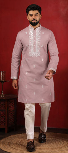 Pink and Majenta color Kurta Pyjamas in Cotton fabric with Embroidered work