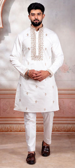 White and Off White color Kurta Pyjamas in Cotton fabric with Embroidered work