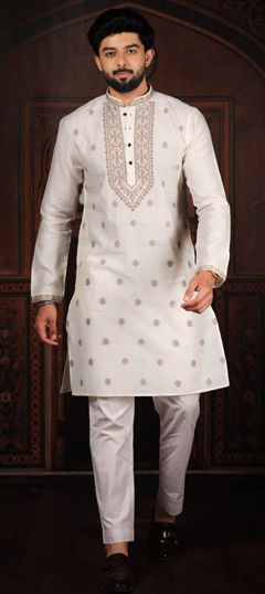 White and Off White color Kurta Pyjamas in Cotton fabric with Weaving work