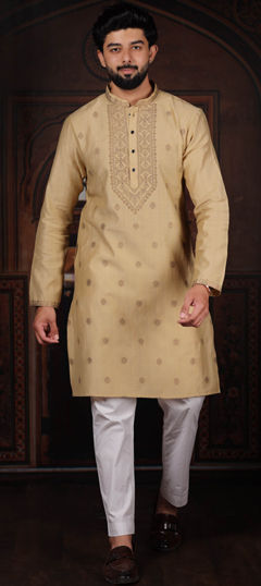 Beige and Brown color Kurta Pyjamas in Cotton fabric with Weaving work