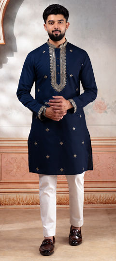Blue color Kurta Pyjamas in Cotton fabric with Embroidered work