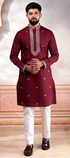 Red and Maroon color Kurta Pyjamas in Cotton fabric with Embroidered work