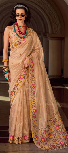 Beige and Brown color Saree in Tissue fabric with Embroidered work