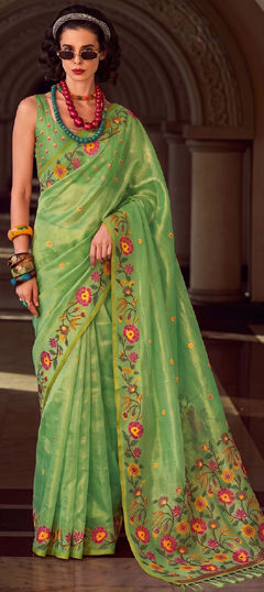 Green color Saree in Tissue fabric with Embroidered work
