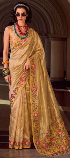 Gold color Saree in Tissue fabric with Embroidered work