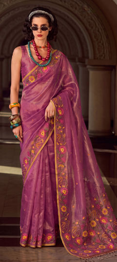 Pink and Majenta color Saree in Tissue fabric with Embroidered work
