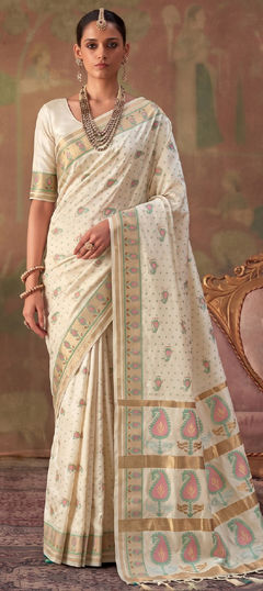 White and Off White color Saree in Silk fabric with Weaving work
