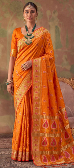 Orange color Saree in Silk fabric with Weaving work