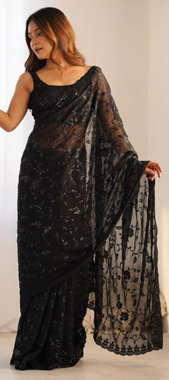 Black and Grey color Saree in Shimmer fabric with Embroidered, Sequence work