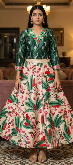 Green, White and Off White color Lehenga in Satin Silk fabric with Digital Print, Floral work