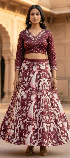 Red and Maroon color Lehenga in Satin Silk fabric with Digital Print, Floral work