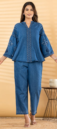 Blue color Co-ords Set in Denim fabric with Embroidered work