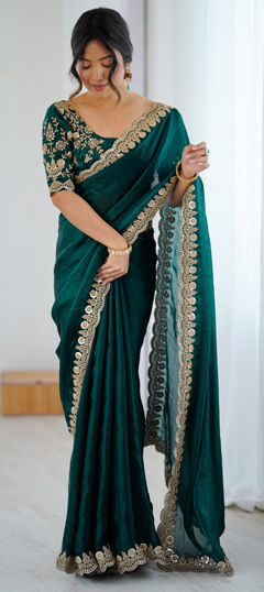 Green color Saree in Tissue fabric with Sequence work
