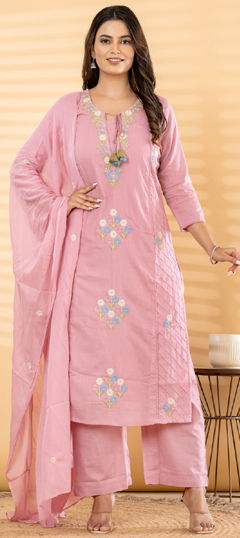 Pink and Majenta color Salwar Kameez in Cotton fabric with Embroidered, Sequence work
