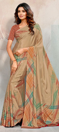 Beige and Brown color Saree in Crepe Silk fabric with Printed work