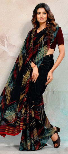 Black and Grey color Saree in Crepe Silk fabric with Printed work