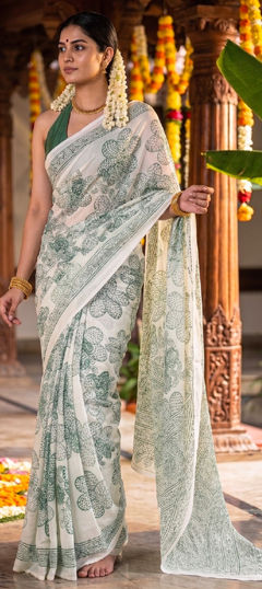 Green, White and Off White color Saree in Satin Silk fabric with Floral, Printed work