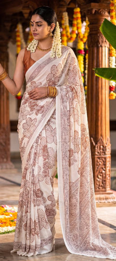 Beige and Brown, White and Off White color Saree in Satin Silk fabric with Floral, Printed work