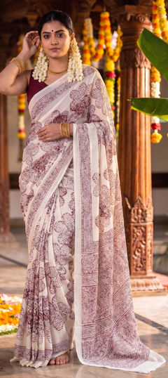 Purple and Violet, White and Off White color Saree in Satin Silk fabric with Floral, Printed work