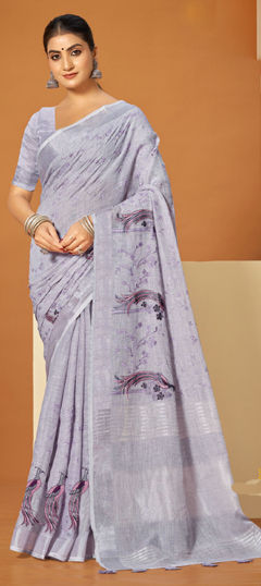 Blue color Saree in Cotton, Linen fabric with Embroidered work