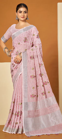 Purple and Violet color Saree in Cotton, Linen fabric with Embroidered work