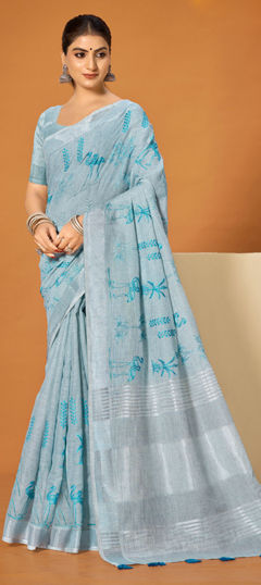 Blue color Saree in Cotton, Linen fabric with Embroidered work