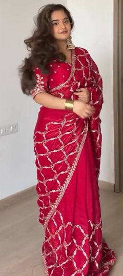 Red and Maroon color Saree in Tissue fabric with Embroidered, Sequence work