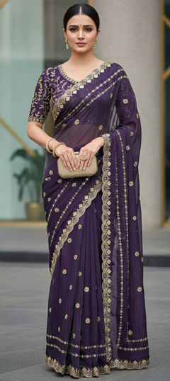 Purple and Violet color Saree in Tissue fabric with Embroidered, Sequence work