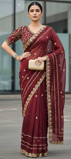 Red and Maroon color Saree in Tissue fabric with Embroidered, Sequence work